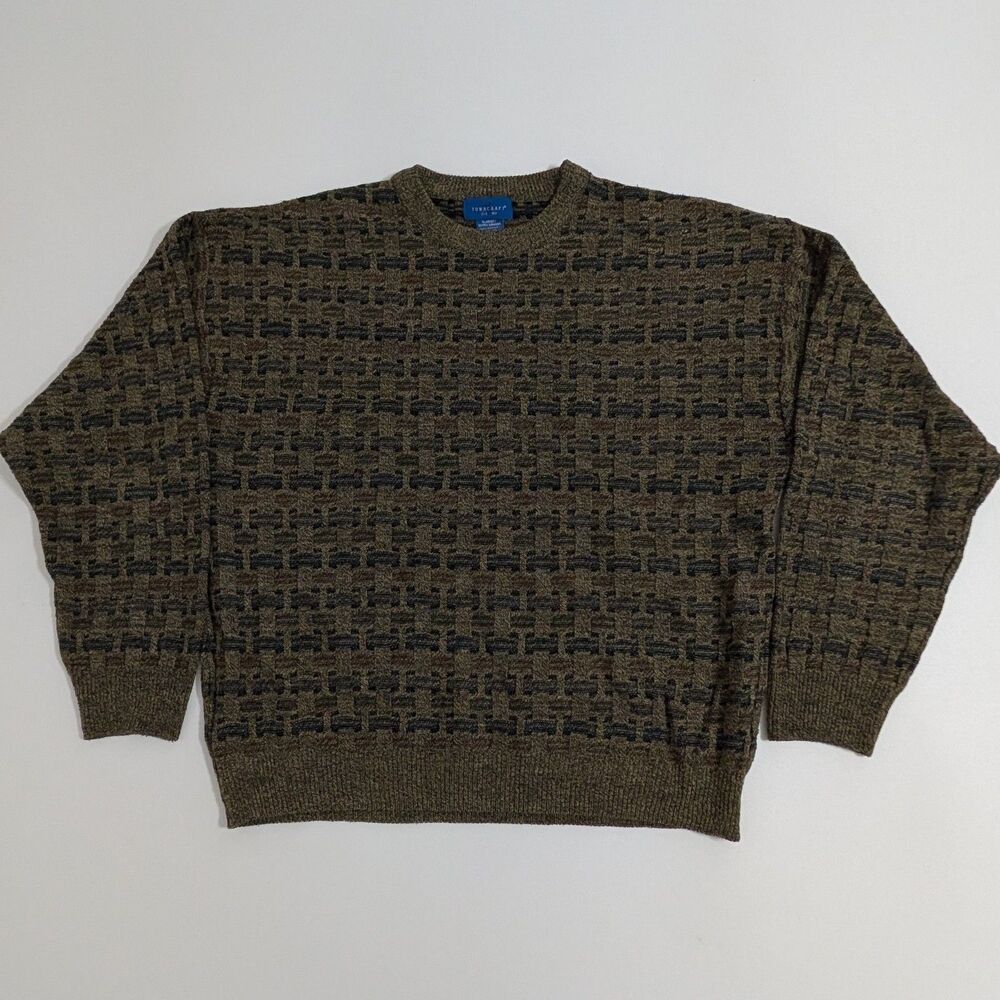 Vintage Towncraft Sweater Mens XL Beige Geometric Knit Checkerboard Retro